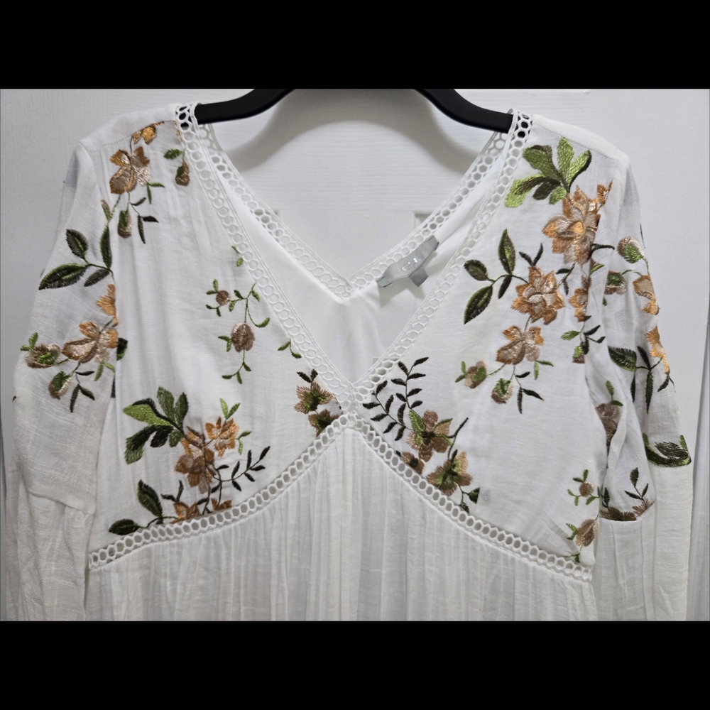 J GEE Bohemian White Floral Lace-Trim V-Neck Tunic Dresz Sz L - Picture 7 of 7